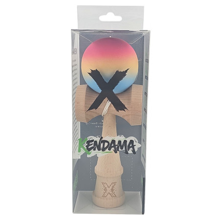 Kendama X Originala, Profesionala, Cyrax, din Lemn, Rubber Grip, 18 cm, Roz/Galben/Albastru