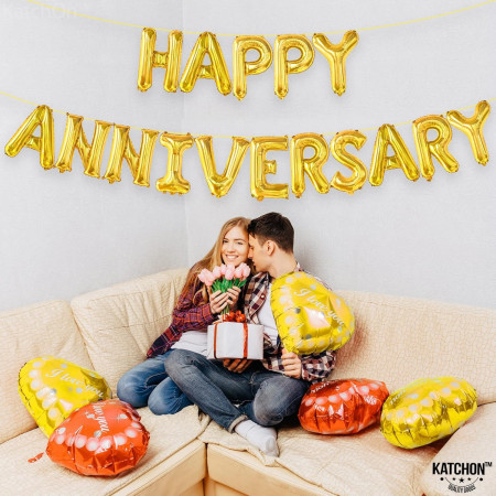 Set Baloane din Folie Metalizata, Cyrax, Model Happy Anniversary, Litere de 40 cm, Baloane Party, Ambalaj Individual, Pai Inclus, Umflare cu Aer sau Heliu, Auriu