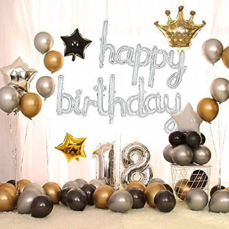 Set 10 Baloane din Folie Metalizata, Cyrax, Figurine Litere, Model Scris de Mana Happy Birthday, Tema Aniversare, 40 cm, Ambalaj Individual, Pai Inclus, Umflare cu Aer sau Heliu, Argintiu