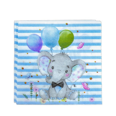 Set 20 de Servetele de Masa, Cyrax, Imprimeu Elefant, din Hartie, 16.5 x 16.5 cm, Albastru