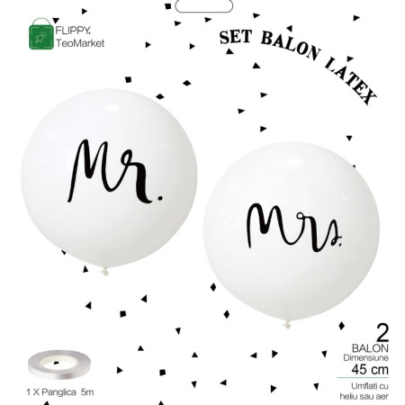 Set 2 Baloane din Latex, Cyrax, Tip Jumbo, Model Mr si Mrs, Tema Nunta, 45 cm, Alb