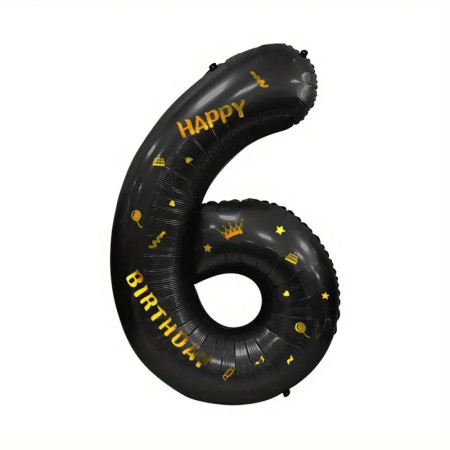 Balon din Folie Metalizata Cyrax, Figurina Cifra si Coroana, Scris Happy Birthday, Tema Aniversare 100 cm, Ambalaj Individual, Pai inclus, Umflare cu Aer sau Heliu, Negru, Cifra 6