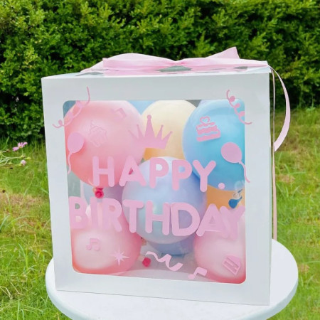 Cutie pentru Baloane, Cyrax, Tematica Aniversare, Model Scris Happy Birthday, Baloane Albastre, Roz, Galbene si Panglica Incluse, Contur Alb, Transparenta, 30x30 cm