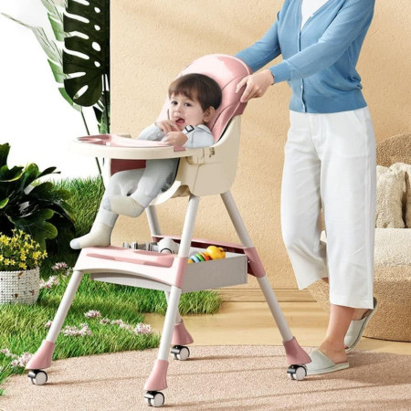 Scaun de Masa 2in1, Cyrax, pentru Copii de la 6 luni - 5 Ani, Inaltime Reglabila, Centura in 5 Puncte, Tava de Masa, Roti cu Frana, Cos Depozitare, Jucarie Inclusa, 94 x 78 x 60 cm, Roz