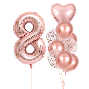 Set 10 Baloane Folie si Latex, Cyrax, Tematica Aniversare, Baloane Latex 25cm, Figurina Inimioara 45 cm, Cifra 8 de 81 cm, Ambalaj Individual, Pai Inclus, Umflare cu Aer sau Heliu, Roz Pal