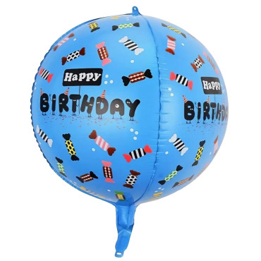 Balon din Folie Metalizata, Cyrax, Figurine 4D, Model Happy Birthday, Tematica Aniversara Bombonele, 63x24 cm, Ambalaj Individual, Pai Inclus, Umflare cu Aer sau Heliu, Albastru