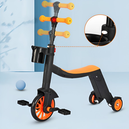 Bicicleta 8 in 1, Cyrax, Transformabila, Multifunctionala, Reglare Inaltime, cu Maner de Impingere Detasabil, Tricicleta, Trotineta, 3 Roti, Pedale, Cosulet, 3-6 Ani, Portocaliu