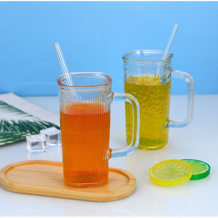 Pahar pentru Racoritoare, Cyrax, din Sticla, 330 ml, cu Pai si Maner, Model Clear Dungi Verticale, Transparent