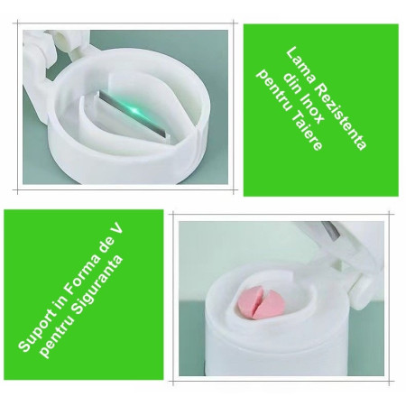 Cutie Pastile Multifunctionala,  4 in 1, Pahar Apa, Taiere, Sfaramare, Depozitare, Compact, ABS cu Lama din Inox, Alb, 8.7x6.2x4.1 cm