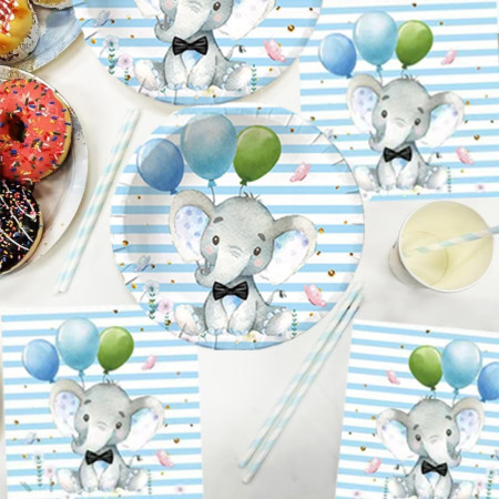 Set 10 Farfurii Unica Folosinta, Cyrax, Imprimeu Elefant, din Carton, 22 cm, Albastru
