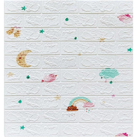 Set 10 Placi Tapet 3D,  70 x 77 cm, Grosime 3 mm, din Polietilena, Tip Caramida, Model Curcubeu, Suprafata acoperita 5.3 mp, Alb