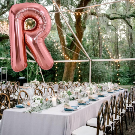 Balon Folie Metalizata Litera R, Cyrax, 80 cm, Umflati cu Heliu sau Aer, Ambalaj Individual, Pai inclus, Rose Gold