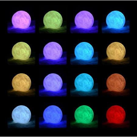 Lampa de veghe luna 3D Moon Light, lumina multicolora cu LED, 7 culori, schimbare culoare prin atingere, alimentare baterii, fara acumulator, stand din plastic inclus, 18 cm, Flippy