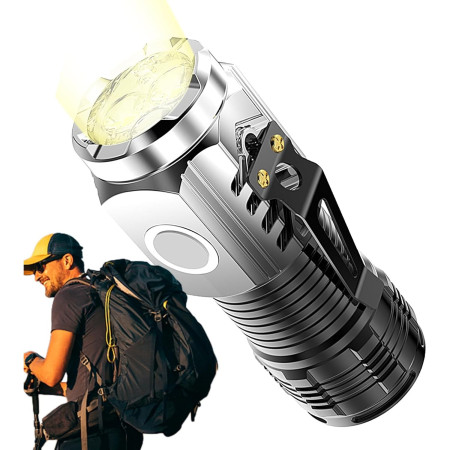 Lanterna cu 3 Nuclee Led,  Incarcare USB, Autonomie 4-20h, Raza Maxima 100-200 m, 5W, 4 x 4 x 9 cm, Suport de Agatat, Fund Magnetic, Argintiu