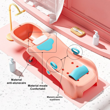 Suport Pliabil pentru Spalat Parul Cyrax, Pentru Copii, cu Scurgere, cu Picioare Antialunecare, Material Polipropilena, Suport Cap Reglabil, cu Manere, 110 x 35 x 21 cm, Roz