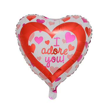 Balon din Folie Metalizată, Cyrax, Forma de Inima, Model I Adore you, 45cm, Ambalaj Individual, Pai inclus, Umflare cu Aer sau Heliu, Rosu