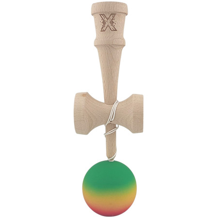 Kendama X Originala, Profesionala, Cyrax, din Lemn, Rubber Grip, 18 cm, Gradient Verde/Galben/Rosu