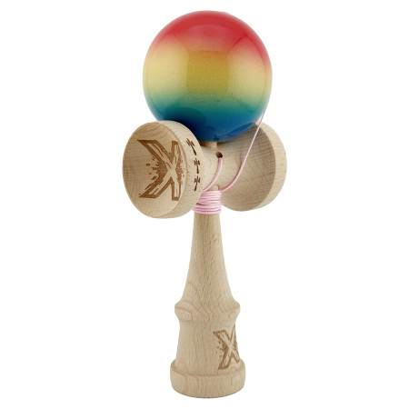 Kendama X Originala, Profesionala, Cyrax, Big Cups V2, Super Sticky Cupe Mari, Rulment Metalic cu Ata 55 cm, Rosu/Galben/Albastru