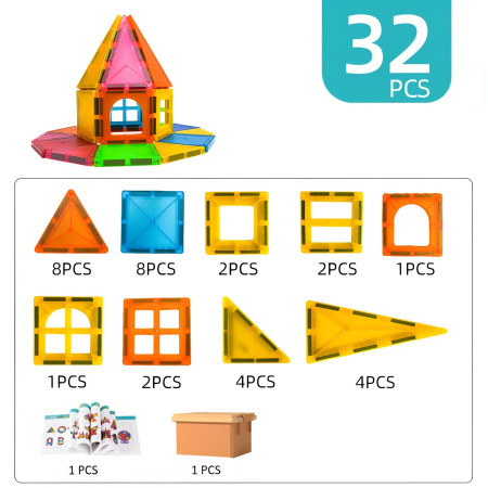 Set 32 Piese Magnetice de Constructie, Cyrax, Piese 5.5 cm, Magnetic Tiles, Forme Geometrice, 3 Ani, ABS, Magnet, 20.5 x 14.5 x 12 cm, Multicolor