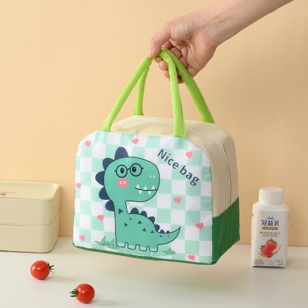 Geanta Termoizolanta pentru Copii, Cyrax, 23x13x19 cm, Model Imprimeu Dinozaur, din Folie de Aluminiu si Panza Oxford, Verde