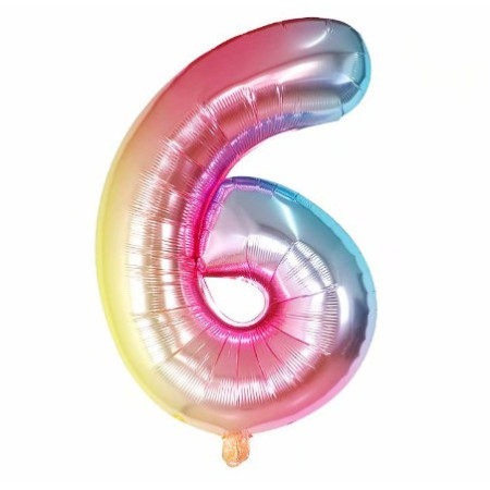 Balon din Folie Metalizata Cyrax, Figurina Cifra, Tema Aniversare 40 cm, Ambalaj Individual, Pai inclus, Umflare cu Aer sau Heliu, Multicolor, Cifra 6