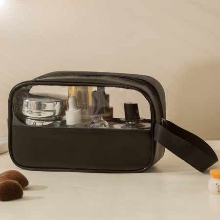 Geanta Cosmetice, Cyrax, pentru Voiaj sau Organizare, Material PVC- Textil, Impermeabila, Portabila,22 x 12 x 8 cm, Negru