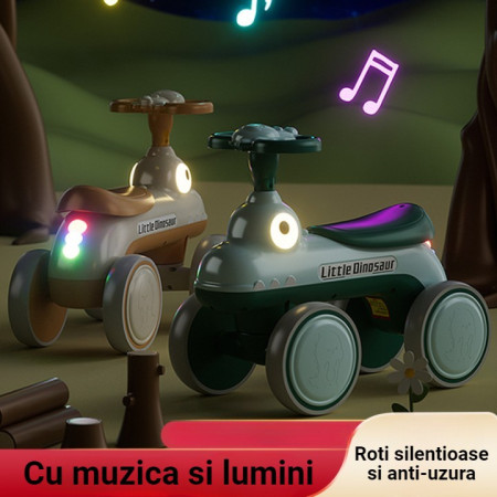 Bicicleta Pentru Copii, Cyrax, Fara Pedale, Cu Patru Roti, Din Plastic Rezistent, Fara BPA, Cu Muzica Si Lumini, Model Dinozaur, 50x27x40 Cm, Roz