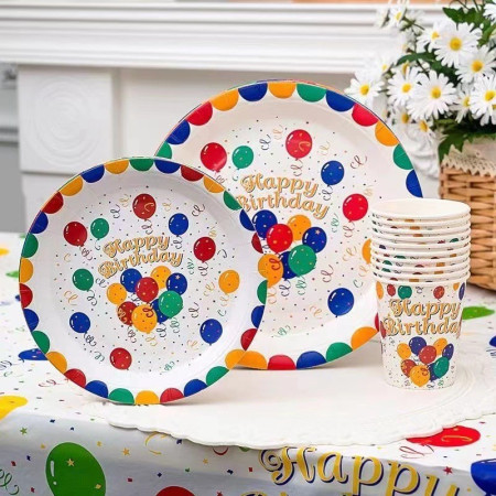 Set 10 Farfurii de Unica Folosinta, Cyrax, din Carton, 23 cm, Model Happy Birthday, Multicolor