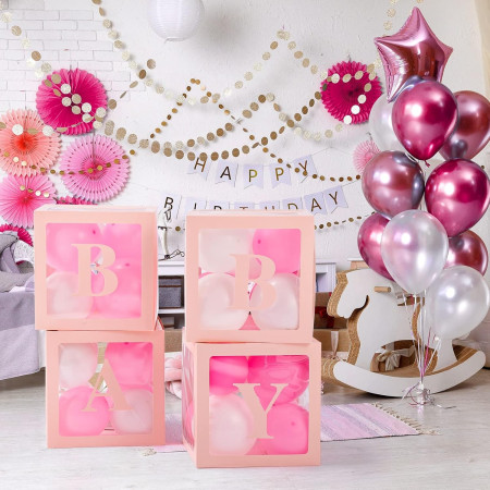 Set 4 Cutii pentru Baloane, Cyrax, Model Scris Baby, Tematica Iubire, Cuburi Decorative din Plastic, Accesorii pentru Petrecere, 30 x30 cm, Transparente Contur Roz