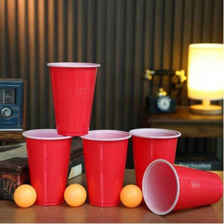 Joc de Baut BEER PONG, Cyrax, Set din 12 Mingi de Tenis si 12 Pahare Reutilizabile, Joc Interactiv pentu Adulti, Albastru Rosu
