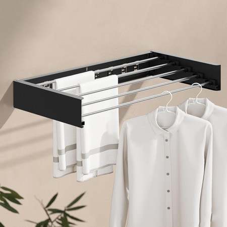 Suport Haine,  Depozitare si Uscare Rufe, din Aluminiu, Pliabil, Impermeabil, Montare prin Perforare, 80 cm, Negru
