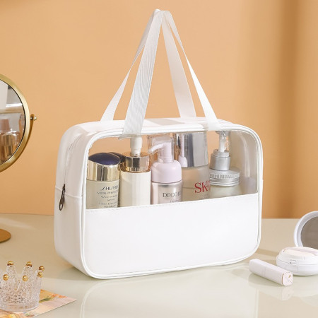 Geanta cosmetice Cyrax, pentru voiaj sau organizare, material PVC/textil, impermeabila, portabila, 30x12x21 cm, alb