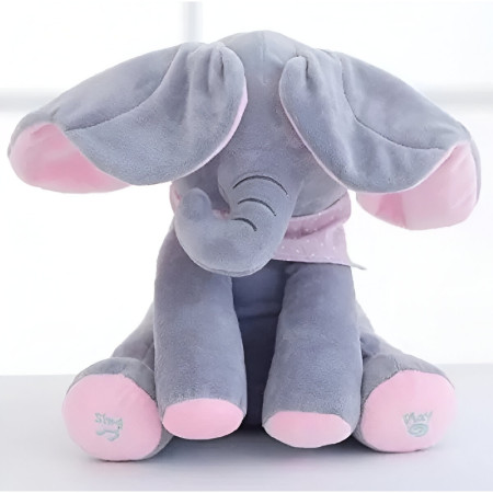 Jucarie Interactiva pentru Copii, Cyrax, Elefantel Peek-a-boo, Muzica, Misca Urechile, Alimentare cu Baterii, 30 cm, Roz-Gri