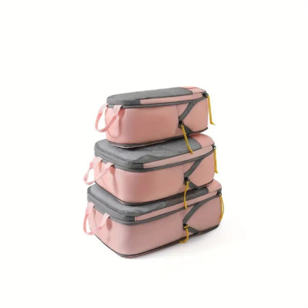 Set 3 Genti de Calatorie  Pentru Depozitare, Compresibile, 3 Dimensiuni, Mic, Mediu, Mare, Impermeabile, Fermoar Dublu, Roz
