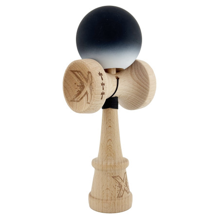 Kendama X Originala, Profesionala, Cyrax, Cupe Mari KING SIZE V3, Rubber Grip, Gaura in Baza, Rulment Metalic, din lemn 18 cm, Ata 62/65 cm, Gradient Negru/Alb