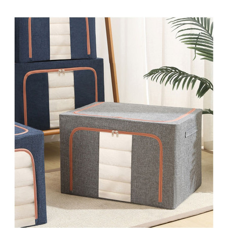 Cutie de Depozitare Pliabila,  24 L, din Bumbac si In, 40x30x20 cm, Fereastra Frontala, 2 Usi de Acces cu Fermoar Bidirectional, Cadru Metalic, Suport Baza Stabil din Plastic, Gri