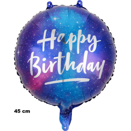 Balon din Folie Metalizata, Cyrax, Mini Figurina Rotunda, Model Cer Instelat, Happy Birthday, Tematica Aniversare, 45 cm, Ambalaj Individual, Pai Inclus, Umflare cu Aer sau Heliu, Multicolor