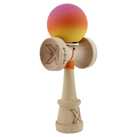 Kendama X Originala, Profesionala, Cyrax, Cupe Mari KING SIZE V3, Rubber Grip, Gaura in Baza, Rulment Metalic, din lemn 18 cm, Ata 62/65 cm, Gradient Roz/Rosu/Galben