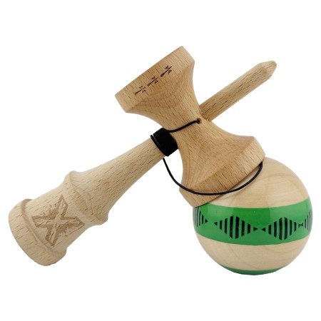 Kendama X FREQUENCY Originala, Profesionala, Cyrax, Big Cups V2, Super Sticky cu Cupe Mari, Rulment Metalic, din lemn 18 cm, Ata 55 cm, Verde/Maro
