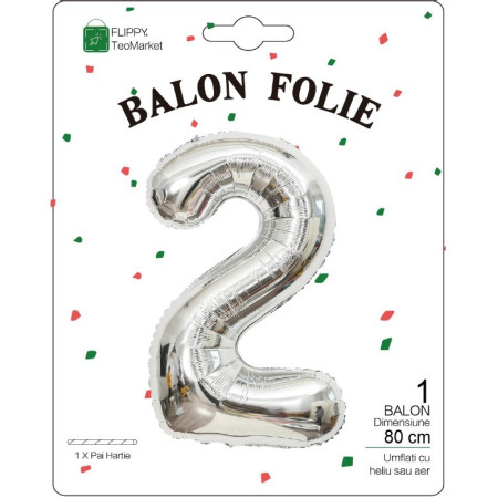 Balon din Folie Metalizata, Cyrax, Figurina Cifra, Tema Aniversare 80 cm, Ambalaj Individual, Pai inclus, Umflare cu Aer sau Heliu, Argintiu, Cifra 2