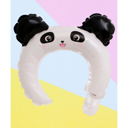 Balon din Folie Metalizata, Cyrax, Tip Coronita cu Urechi, Model Panda, Ambalaj Individual, Pai Inclus, Umflare cu Aer sau Heliu, 27 x 28 cm, Alb/Negru