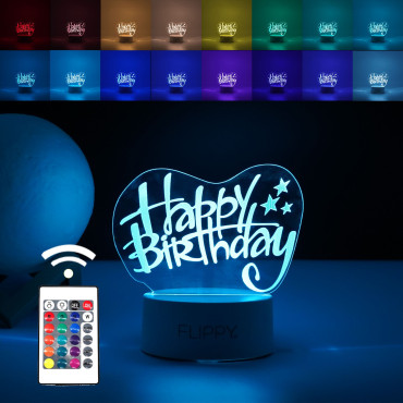 Lampa LED decorativa,  3D, Happy Birthday, cu USB si baterii, 20 cm inaltime, din material acril, lumina multicolora si telecomanda inclusa, alb
