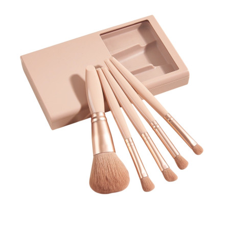 Set 5 Pensule de Machiaj cu Peri Moi, Cyrax, cu Suport pentru Depozitare si Oglinda, Roz Pal