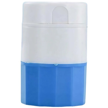 Cutie Pastile Multifunctionala,  4 in 1, Pahar Apa, Taiere, Sfaramare, Depozitare, Compact, ABS cu Lama din Inox, Alb/Albastru, 8.7x6.2x4.1 cm