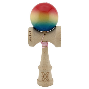 Kendama X Originala, Profesionala, Cyrax, Big Cups V2, Super Sticky Cupe Mari, Rulment Metalic cu Ata 55 cm, Rosu/Galben/Albastru