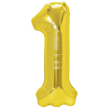 Balon din Folie Metalizata Cyrax, Figurina Cifra, Tema Aniversare 100 cm, Ambalaj Individual, Pai inclus, Umflare cu Aer sau Heliu, Auriu, Cifra 1