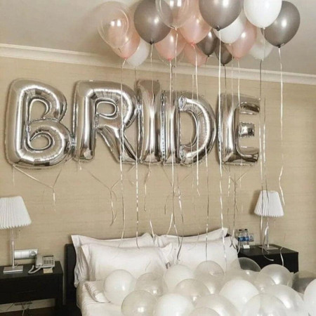 Set Baloane din Folie Metalizata, Cyrax, Model Scris Bride, Litere de 100 cm, Tema Iubire, Baloane Party, Ambalaj Individual, Pai Inclus, Umflare cu Aer sau Heliu, Argintiu