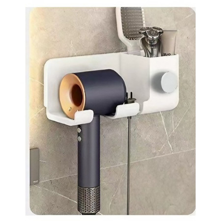 Suport de Baie,  pentru Uscator de Par, cu Organizator Dublu, din Plastic, Aplicare cu Suport Adeziv, 23 x 8.8 x 9.5 cm, Alb
