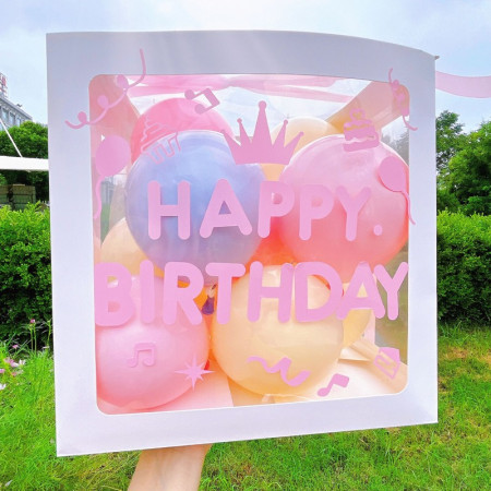 Cutie pentru Baloane, Cyrax, Tematica Aniversare, Model Scris Happy Birthday, Baloane Albastre, Roz, Galbene si Panglica Incluse, Contur Alb, Transparenta, 30x30 cm