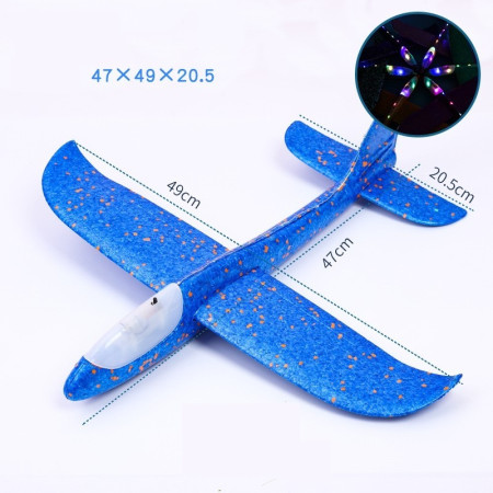 Avion planor din polistiren in punga , lungime 47 cm, cu lumini pe toata lungimea, Albastru , Cyrax
